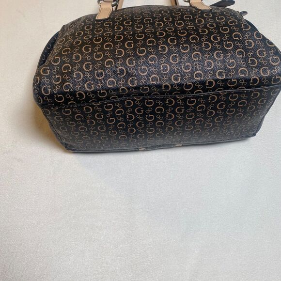 GUESS Signature Logo Satchel Handbag Brown Black Monogram Double Handle Purse - Picture 10 of 14